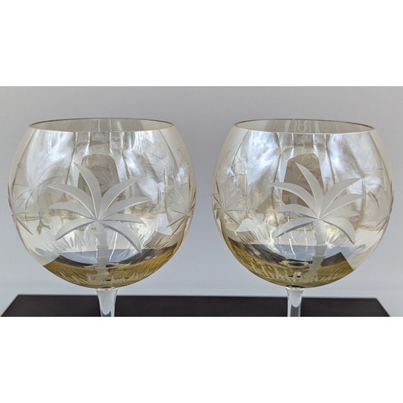 2 Royal Danube Etched Palm Tree Yellowish Luster Balloon Wine Glasses 9" Goblets - Picture 5 of 12